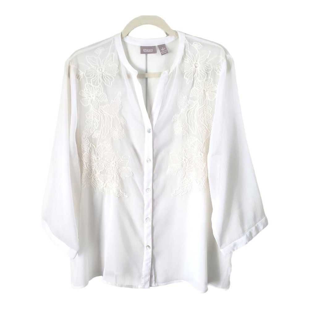 Chico's Floral Embroidered Sheer White Button Front Blouse Top, XL